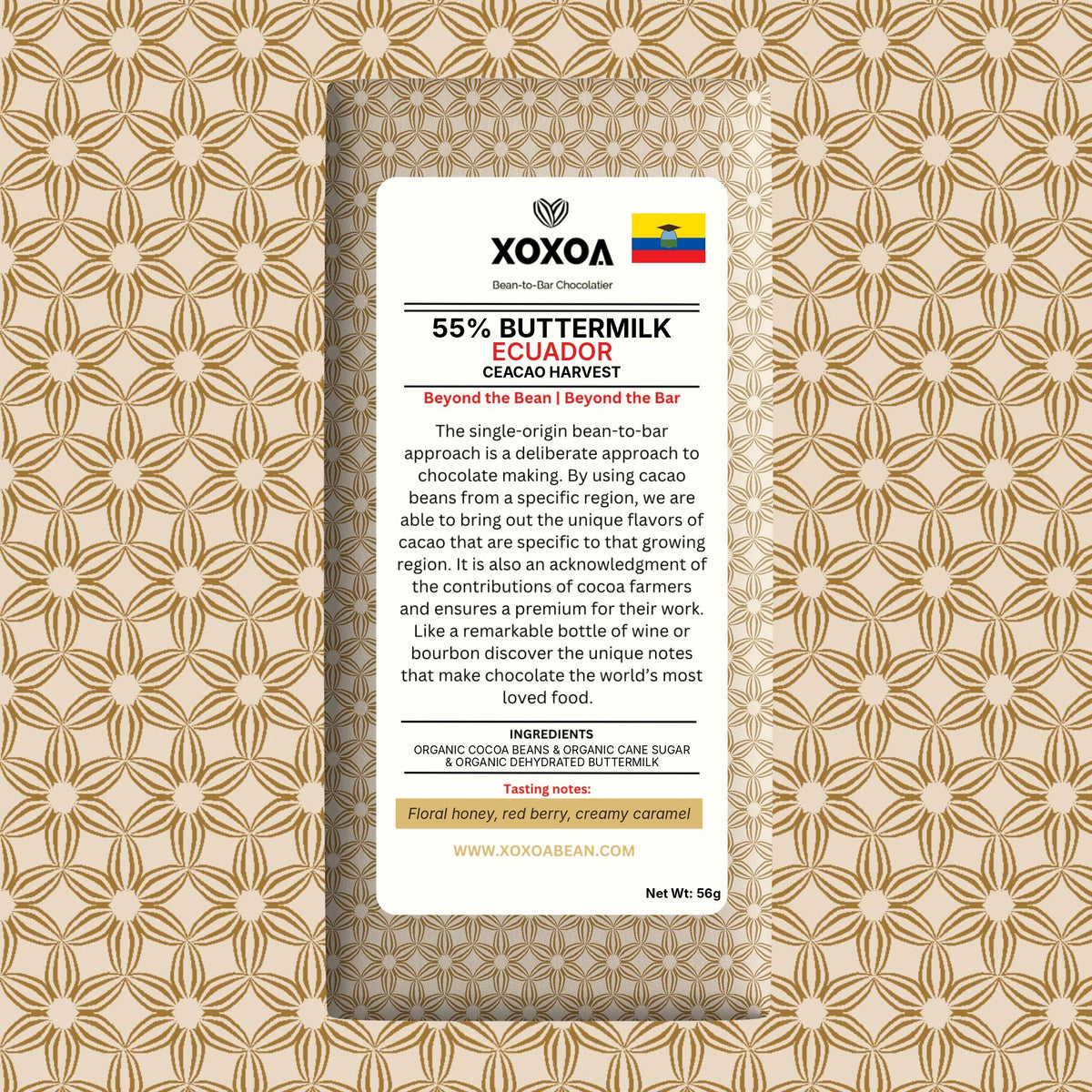 Ecuador 55% buttermilk chocolate bar in the cream and gold Xoxoa wrapper