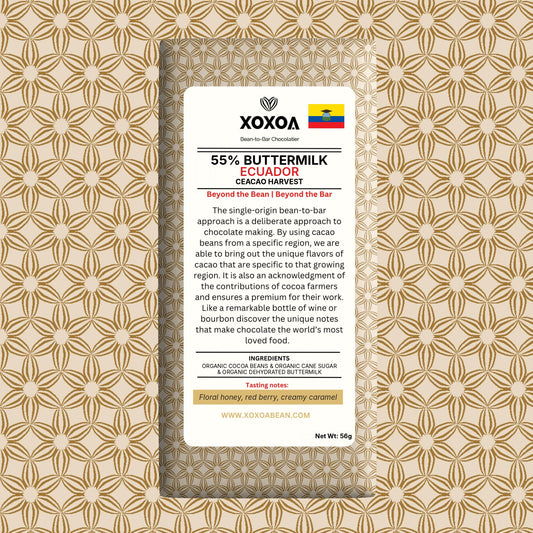 Ecuador 55% buttermilk chocolate bar in the cream and gold Xoxoa wrapper