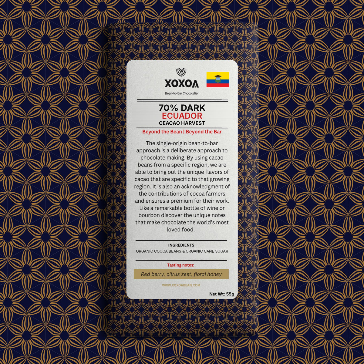Ecuador 70% dark chocolate bar in the navy and gold Xoxoa wrapper