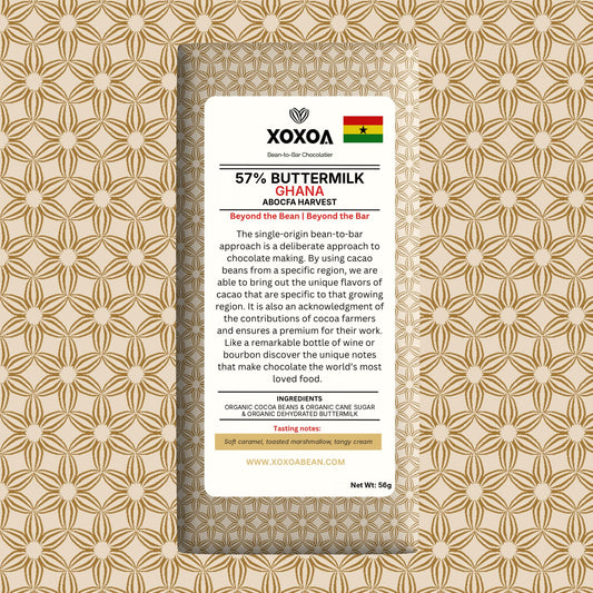 Ghana 57% buttermilk chocolate bar in the cream and gold Xoxoa wrapper