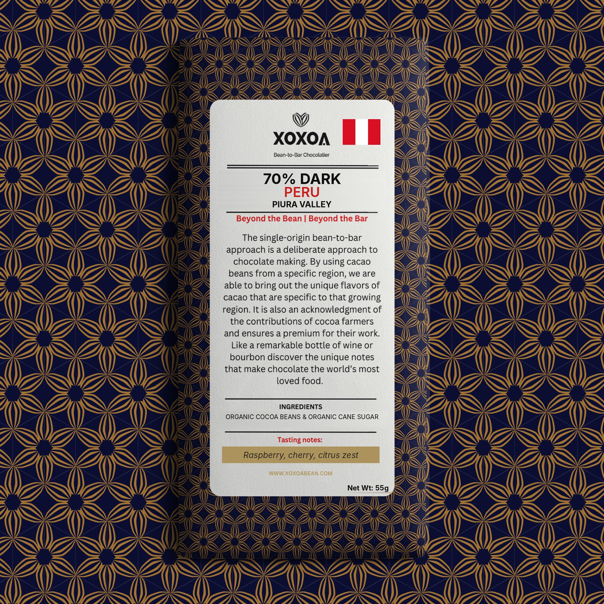 Peru Piura 70% dark chocolate bar in the navy and gold Xoxoa wrapper