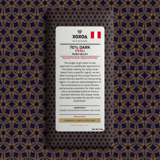 Peru Piura 70% dark chocolate bar in the navy and gold Xoxoa wrapper
